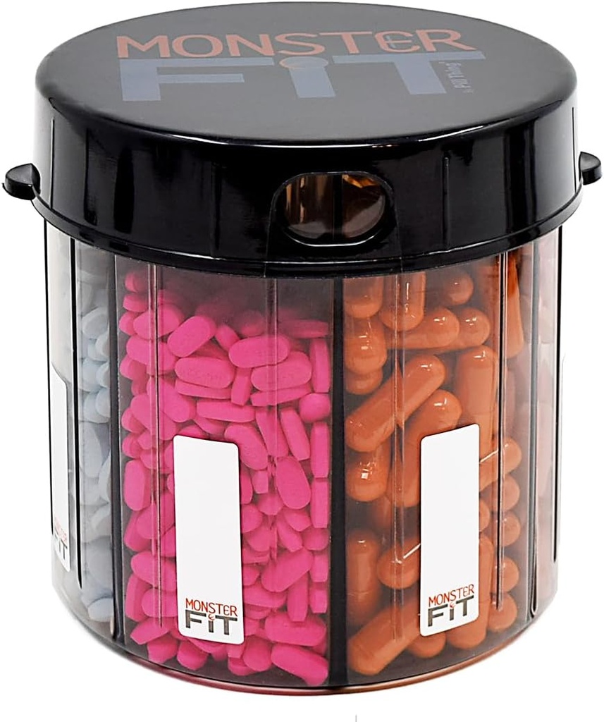 XL Supplement Pill Dispenser Butelka, 7 Składniki, Etykiety, Easy Open, Przeciwmieszania, UV Chroniony Organizator, Bardzo duża Miesięczna Witamina, Monster Fit Medisafe Holder zawiera Premium Medisafe App