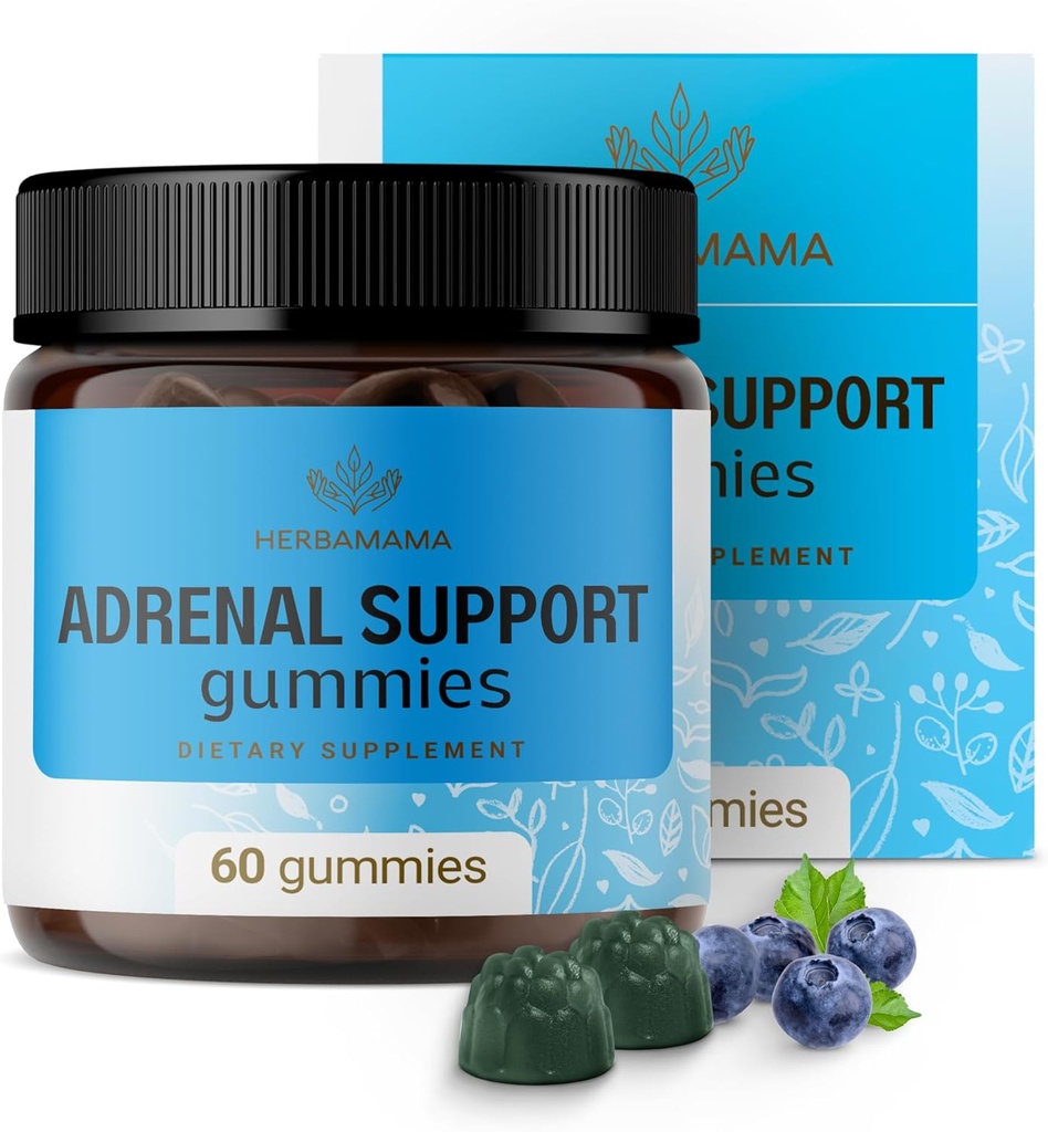 HERBAMAMA Gummies wsparcia nadnerczy - Pure Adrenal Complex Supplement for Women with Ashwagandha Root, Rhodiola Rosea & Magnez - Vegan, Non-GMO - 60 Pectin- Based Blueberry- Flavored Chews