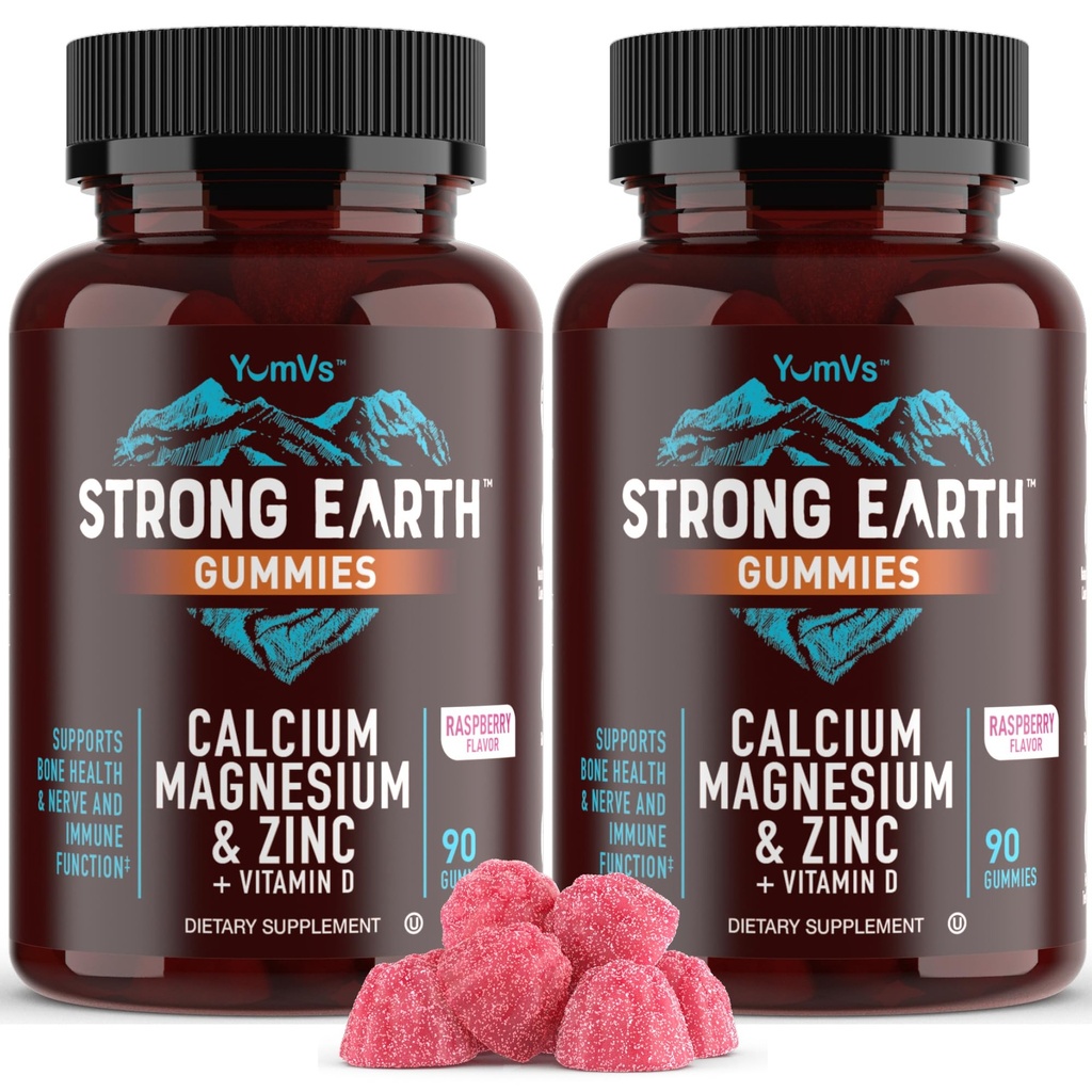 Wapń YUM- V 's, Magnez, Cynk i witaminy D Gummies, Cal Mag suplement do żucia, Wegetariański koszerny Halal Natural Malina Flavor Gummies dla dorosłych Kobiety & Mężczyźni - 90 Hrabia (Pack of 2)