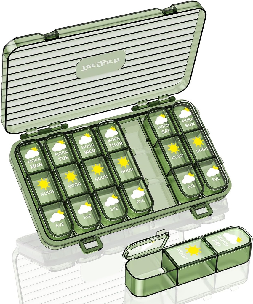 Cotygodniowy Pill Organizator, 3 razy dziennie, Duży Podróż 7 dzień Pill Box z oddzielnym pojemnikiem, Dzienny przenośny Moisture- Proof Pill Case for Medication, Witaminy, Olej rybny i suplementy