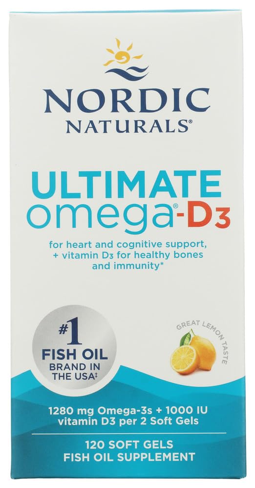 Nordic Naturals Ultimate Omega- D3, Lemon Flavor - 120 Soft Gels - 1280 mg Omega- 3 + 1000 IU Witamina D3 - EPA & DHA - Promotes Brain, Heart, & Immune Health - 60 Servings