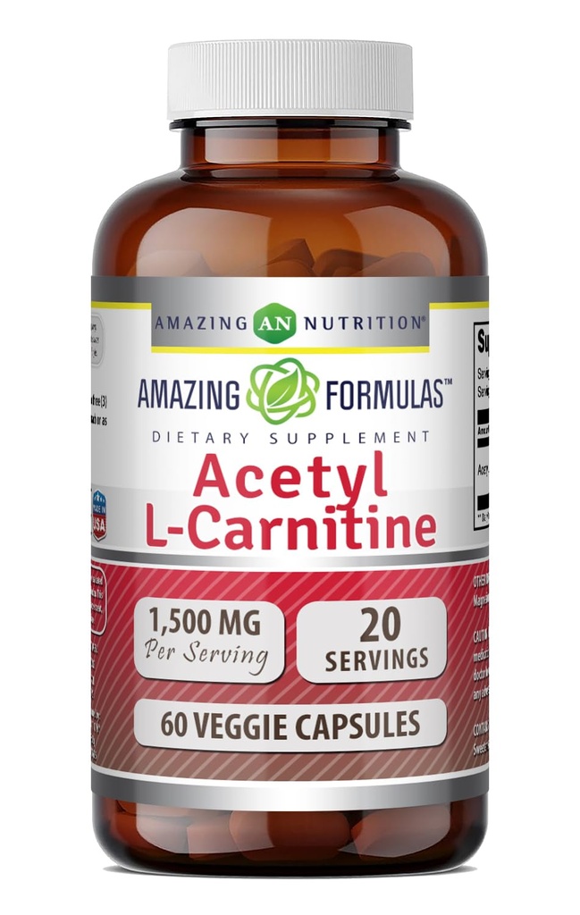 Amazing Supples Acetyl L- Carnitine Hcl Veggie Dietary Supplement - 500 Mg, Veggie Capsules (Non GMO, Gluten Free) Per Bottle - Promotes Energy Production & Cognitive Function (60 Count)