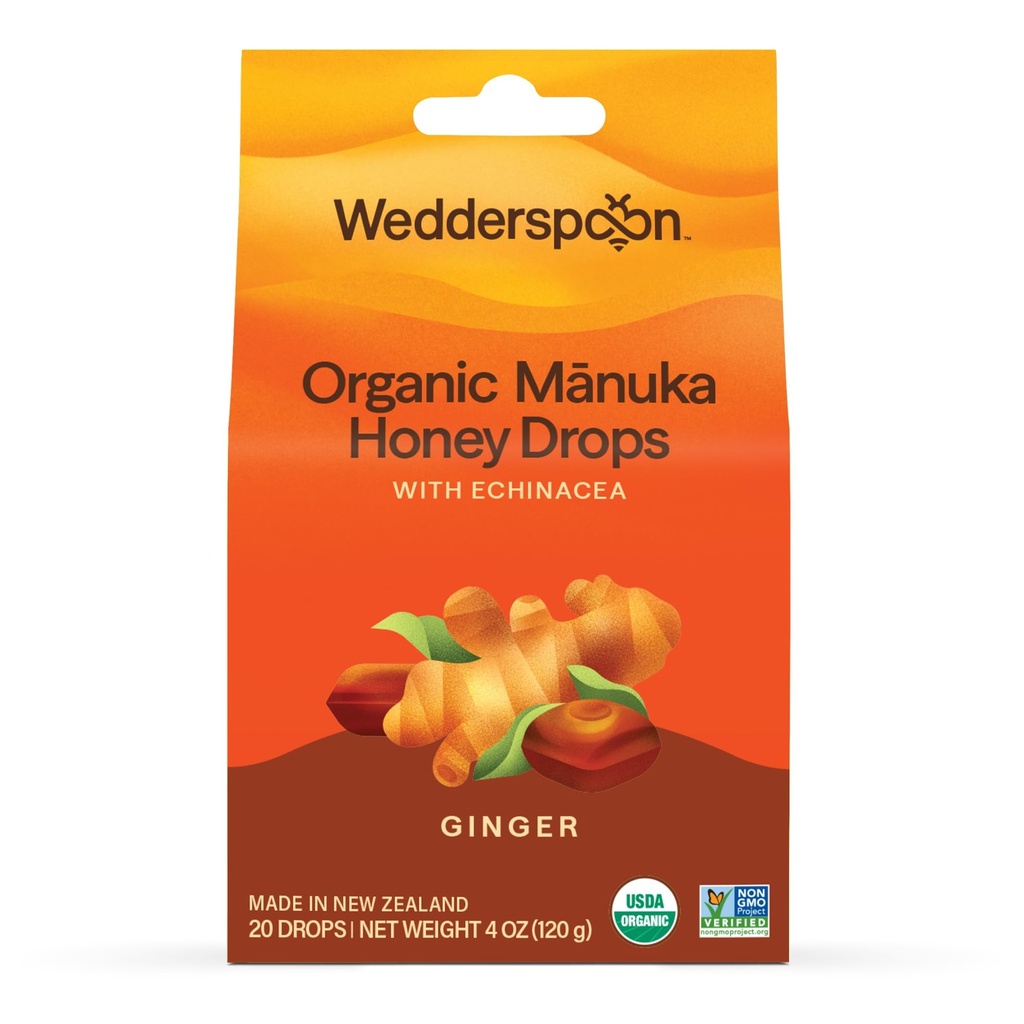 Wedderspoon Organic Manuka Honey Drops, Ginger & Echinacea, 20 Hrabia (Pack of 1) 124; Genuine New Zealand Honey Netherlands 124; Perfect Remedy for dry throats