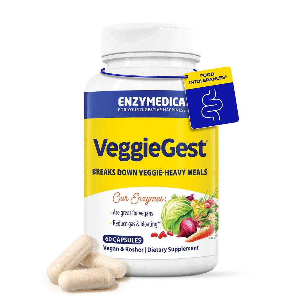 Enzymedica, VeggieGest, Enzymy trawienne, Wspiera Sporadyczne Gaz i Bloating Relief z Wysokich Fiber Posiłki, dla Vegan & Diety wegetariańskie, Enzym Mieszanka dla zdrowia trawiennego, 60 Hrabia