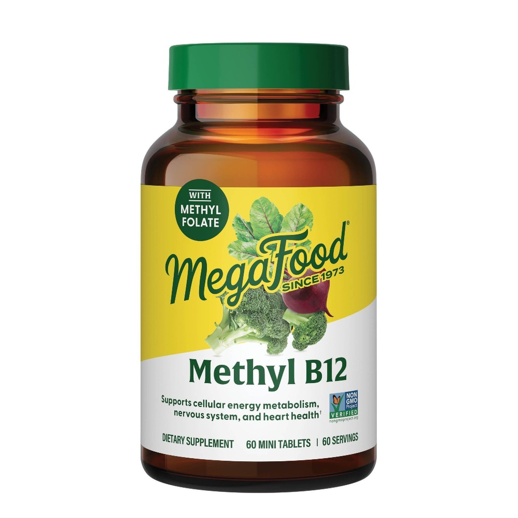MegaFood Metyl B12 - Wegan - zawiera folian metylu, witaminę B12 & B6 - wspomaga produkcję energii komórkowej, funkcje układu nerwowego i sercowo-naczyniowego - 60 tabletek