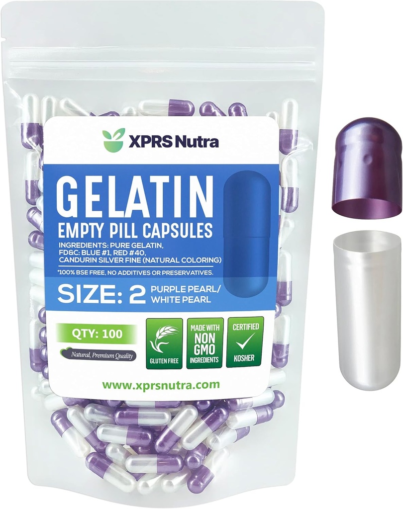 XPRS Nutra Rozmiar 2 Puste kapsułki - 100 Hrabia Puste kapsułki żelatynowe - Pigułki Diy Kapsułka Napełnianie - Czysty żel pióro żelowe dla Do- It- Yourself Supplements (Pearl Purple / White)