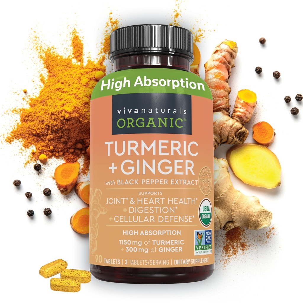 Viva Naturals Organic Turmeric and Ginger Supplements with Black Pepper Extract for Joint Support -1450 mg per Serving Tumeric Ginger Pills with 150 mg of Turmeric Standarysed to 95% Curcuminoid