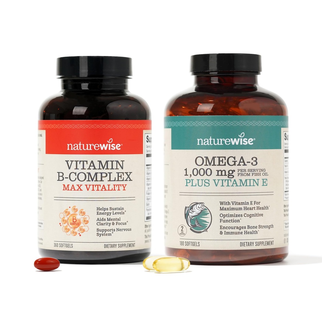 NatureWise witaminy B Complex 360 Softgels & Omega 3 Olej rybny 180ct dla energii, Serce, Mózg, Immune & Vision Wsparcie