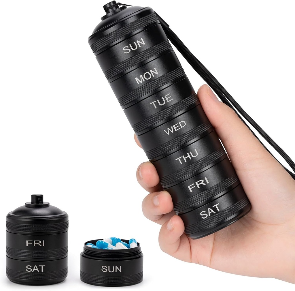Pill Organizator Tygodniowy Metal Travel Pudełko wodoodporne - 7 dni Duży Aluminium Alloy Pill Pojemnik, Przenośny Codzienne Pill Case for Witamina, Medycyna, Suplement, Olej rybny