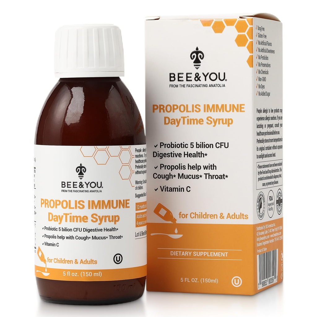 Pszczoła i Ty Propolis immunologiczny syrop dobowy z probiotykiem, Witamina C, Wsparcie immunologiczne, Digestive Health, Przeciwutleniacze, Gut Health 5 Fl Oz