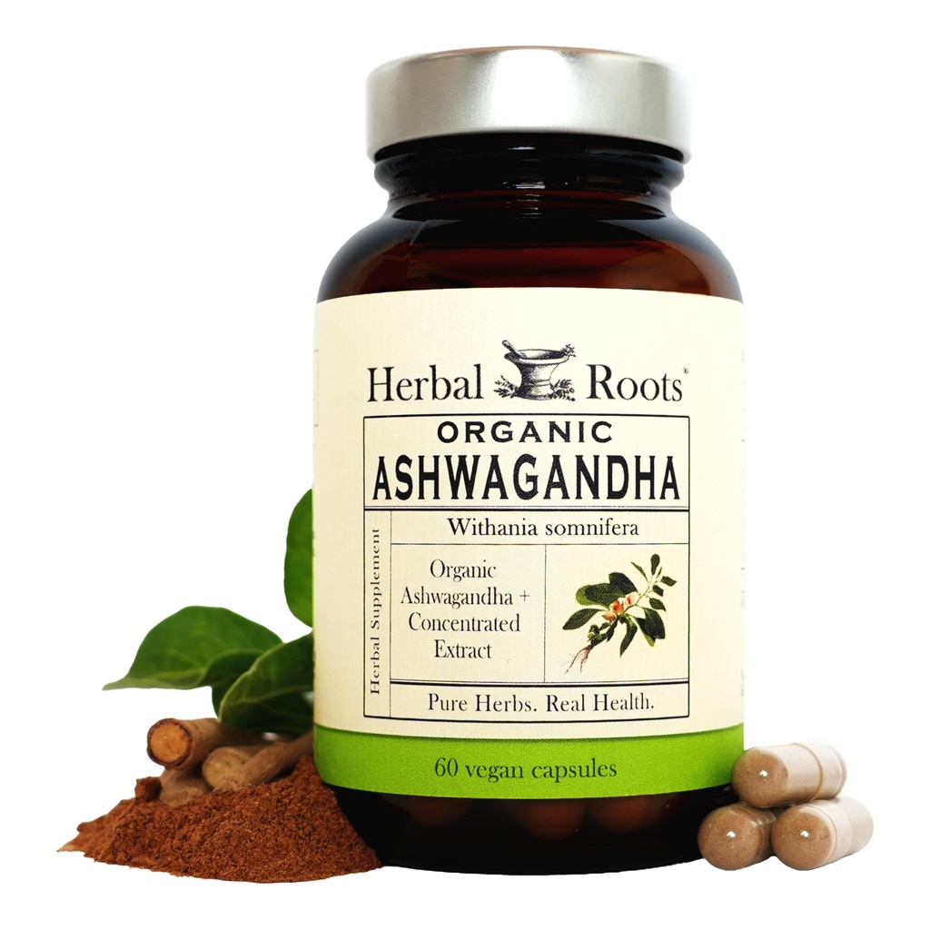 Herbal Roots Ashwagandha Kapsułki 124; Dodatkowa moc 1,000 mg na serwowanie 124; Ayurvedic dla ogólnego zdrowia mężczyzn i kobiet 124; 60 Kapsułki wegańskie
