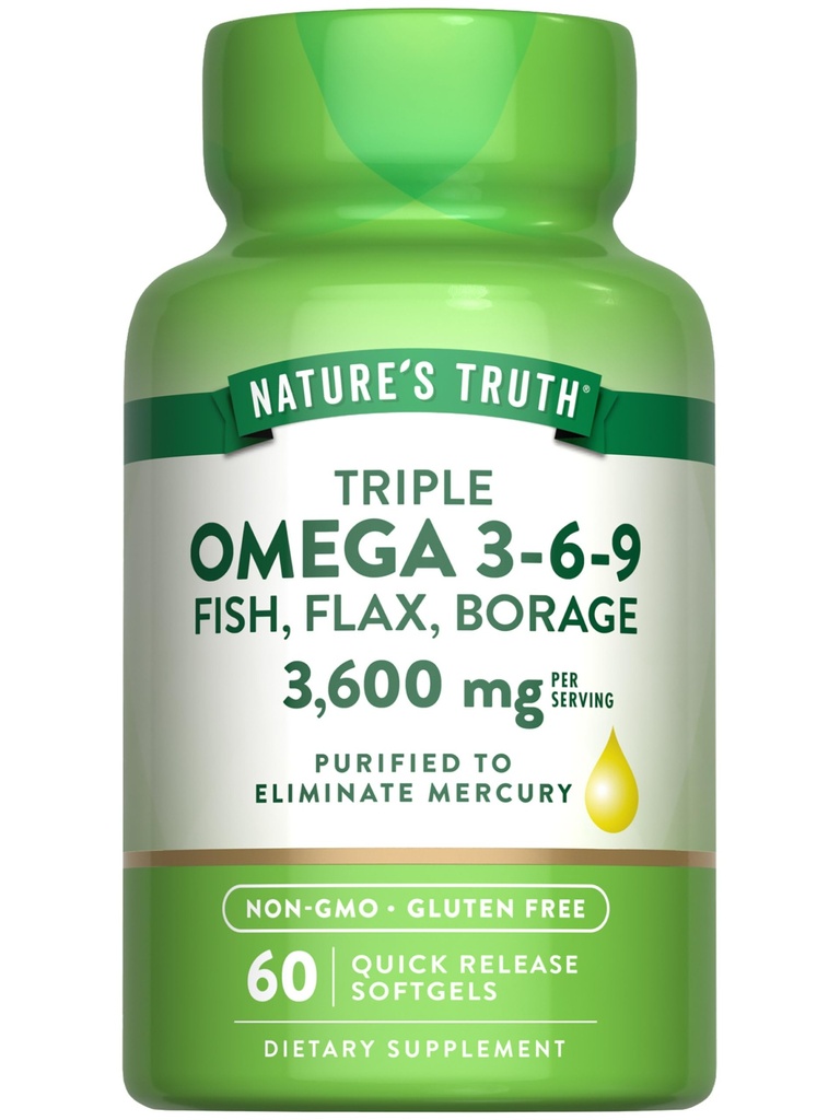 Nature 's Truth Triple Omega 3- 6- 9 Softgels 124; 3600mg Description 124; 60 Count Description 124; Fish, Flax, Borage Oils Description 124; Non-GMO & Gluten Free Supplement