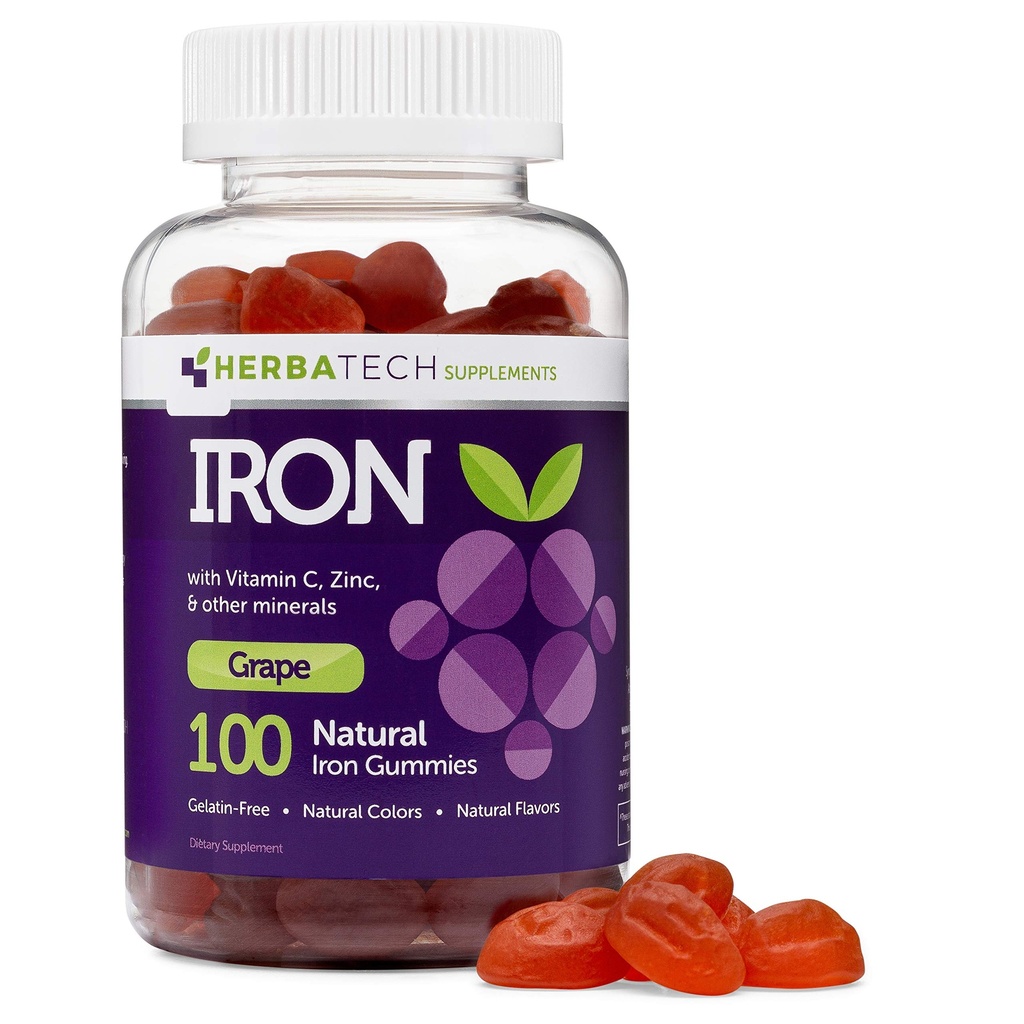 Żelazne żeberka dla dorosłych i dzieci, suplement do żucia z żelaza, Witamina C, A, B, Cynk, Kwas foliowy i Biotin (Grape Flavored) Vegan Safe, Made in USA z HERBATECH