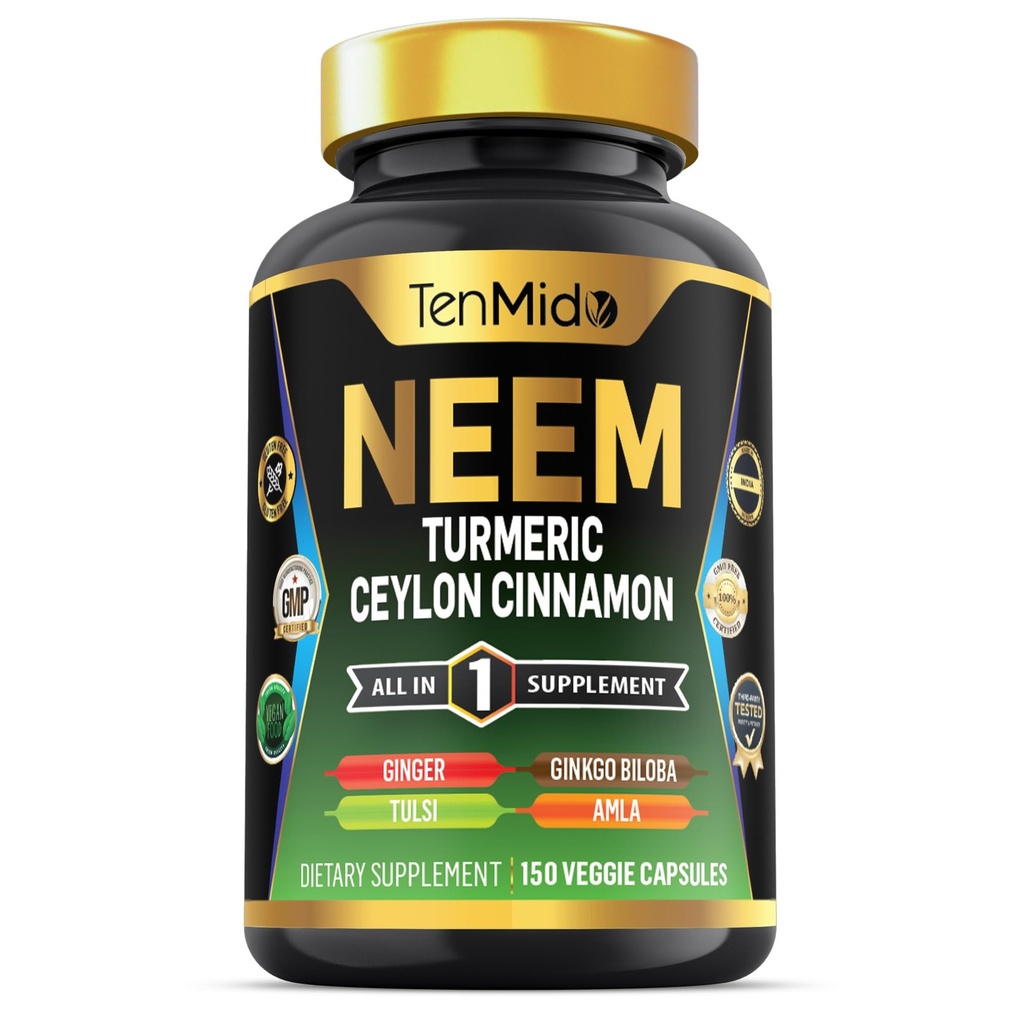 Neem Leaf Supplement - 8in1 Formuła - Połącz z Turmeric, Ceylon Cynamon, Ginger, Tulsi, Ginkgo Biloba, Amla i Black Pepper - Immune Health Support - 150 Kapsułki wegańskie