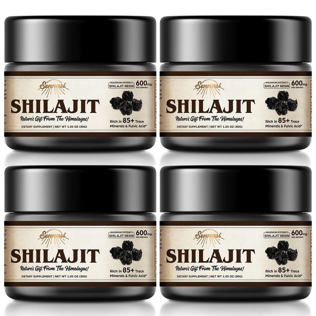 Shilajit Pure Himalayan Organic Shilajit Resin - 600mg Maximum Potency Natural Organic Shilajit Resin z 85 + Ślad minerałów i kwasu Fulvic dla energii, Wsparcie immunologiczne, 30 Grams (4 Pack)