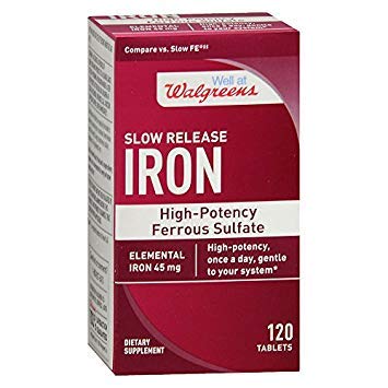 Walgreens Iron Slow Release High Potency Siarczan żelaza 45mg, tabletki, 120 ea