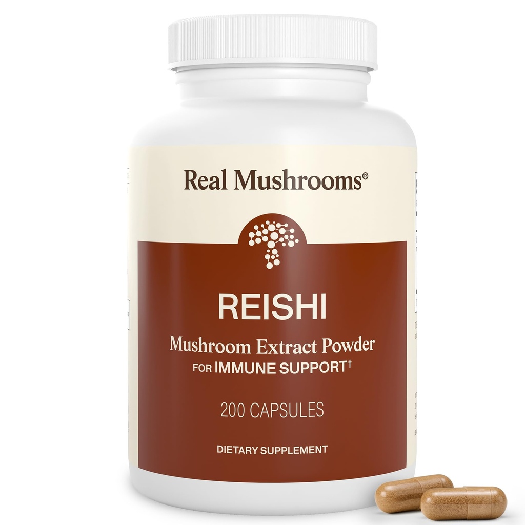 Real Mushrooms Reishi Mushrooms Kapsułki - Ręcznie dobrane ekologiczne ekstrakty z grzybów - Red Reishi dla Tranquil Daily Wellness z weryfikowaną Beta Glucans Vegan, Non-GMO, No Grain Fillers, 200