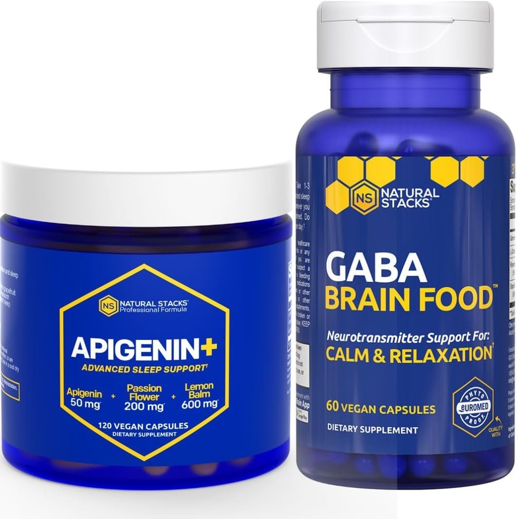 NATURALNE STAKI GABA Mózg pożywienie + Apigenin Suplement do Paleta snu - Wspomaga relaks i sen * - 180 Kapsułki ogółem
