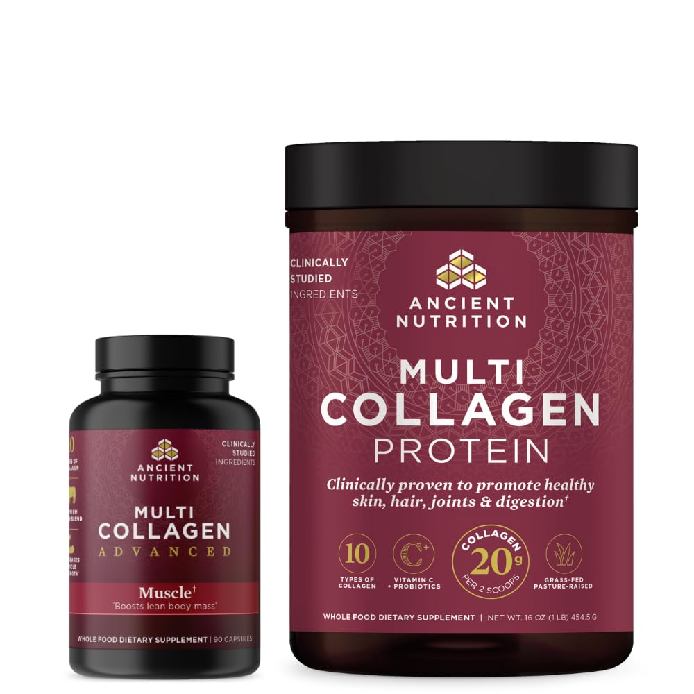 Ancient Nutrition Multi Collagen Zaawansowane kapsułki, Mięśnie, 90 Count + Multi Collagen Protein Powder, Unflavored, 45 Służenie