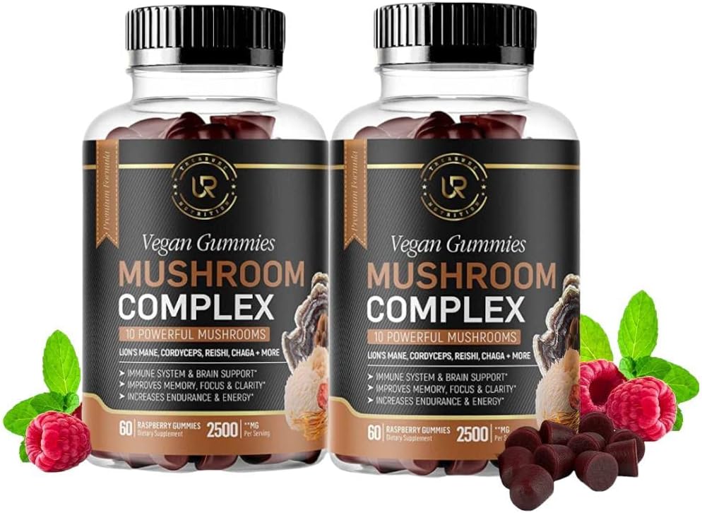Mushroom Gummies | 10 Mushroom Supplement | 2 pack | Turkey Tail, Chaga, Reishi, Cordyceps & Lions Mane Organic Mushroom Extracts, Nootropic Brain Booster for Focus, Memory, Clarity, Energy | 120ct