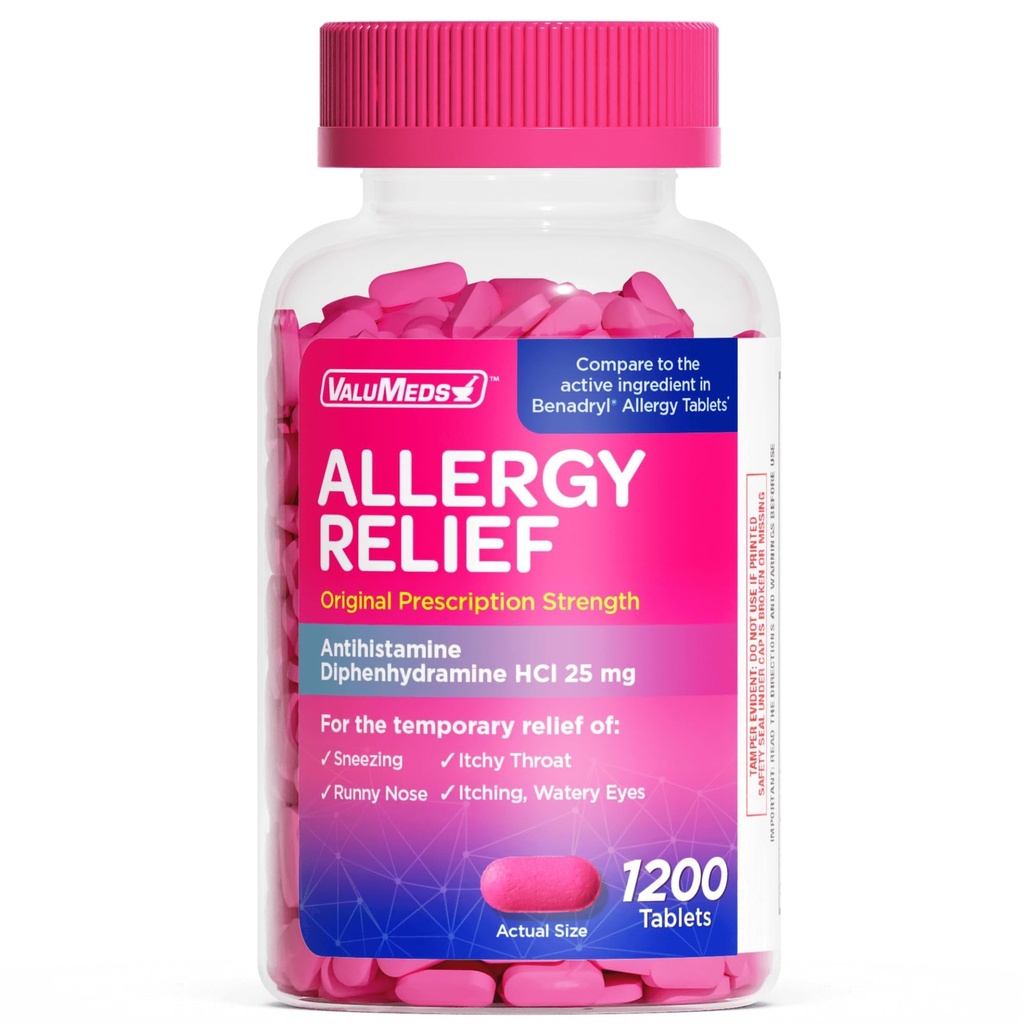 ValuMeds Allergy Medicine Antihistamine, Difenhydramine HCl 25 mg XI124; Dzieci i dorośli XI124; Relieve Itchy Eyes, Runny Nose, Sneezing (25 mg, 600)