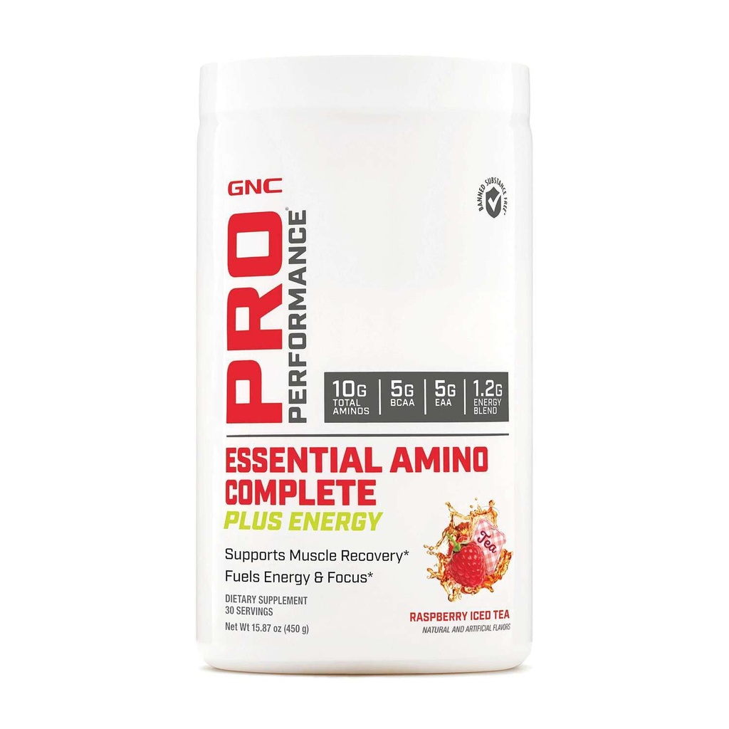 GNC Pro Performance Essential Amino Complete Plus Energy - Malina mrożona herbata 124; 5g BCAA, 5g EAA Plus Mieszanka energii i Electrolyte Complex 124; 30 Służenia