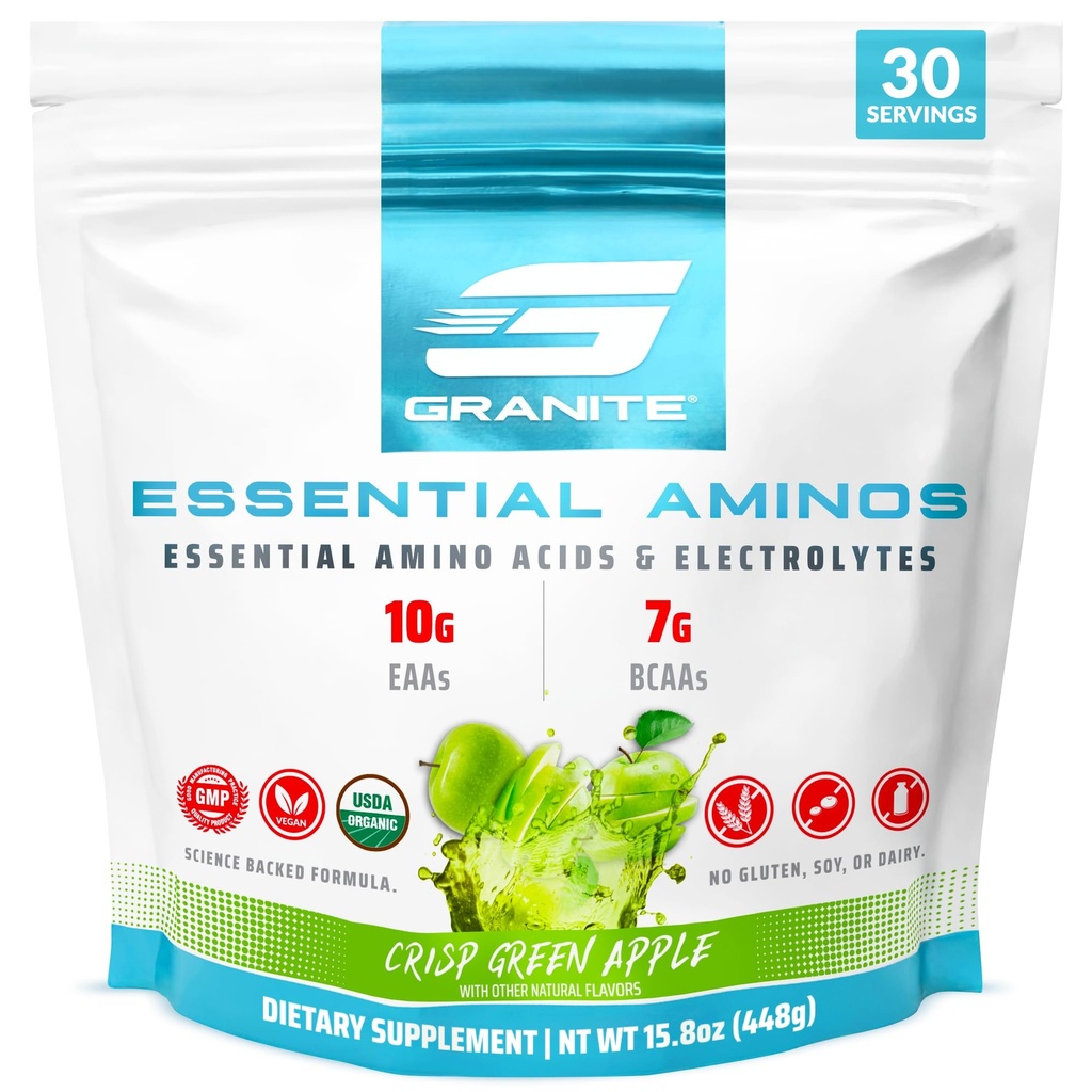 Granitowe podstawowe aminokwasy w proszku, zielony aromat jabłkowy, z 10g EAA i 7g BCAA, Wspiera odzysk mięśni i wzrost, Soy- Free, Gluten- Free (30 Służenie)