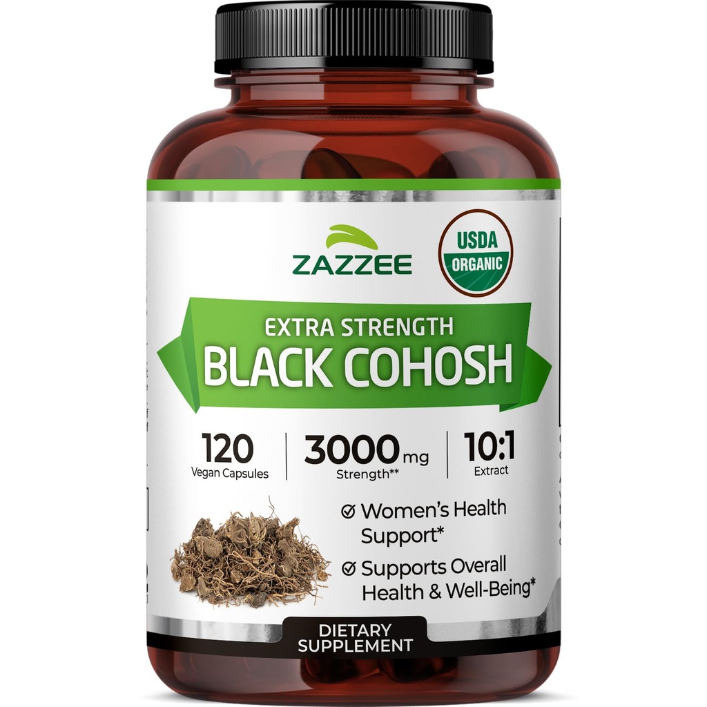 Zazzee USDA Organic Black Cohosh 10: 1 Extract, 3000 mg Siła, 120 Kapsułki wegańskie, 4 Miesiąc dostaw, Standaryzowane i skoncentrowane 10X Extract, 100% Vegetarian, All- Natural, Non-GMO, Made in USA