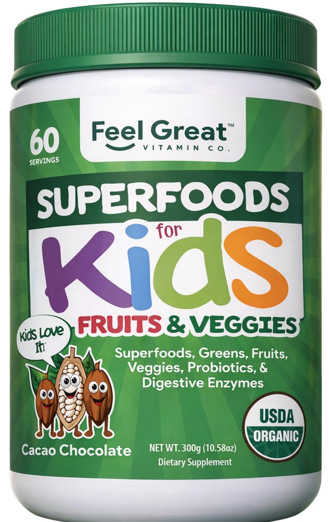 Feel Great USDA Organic Super Zielone Proszek dla dzieci - Cocao Czekoladowy 124; Owoce i warzywa Suplement do 124; Superfood Proszek z Probiotyki & Enzymy spożywcze dla zdrowia spożywczego 124; 60 Dni dostaw
