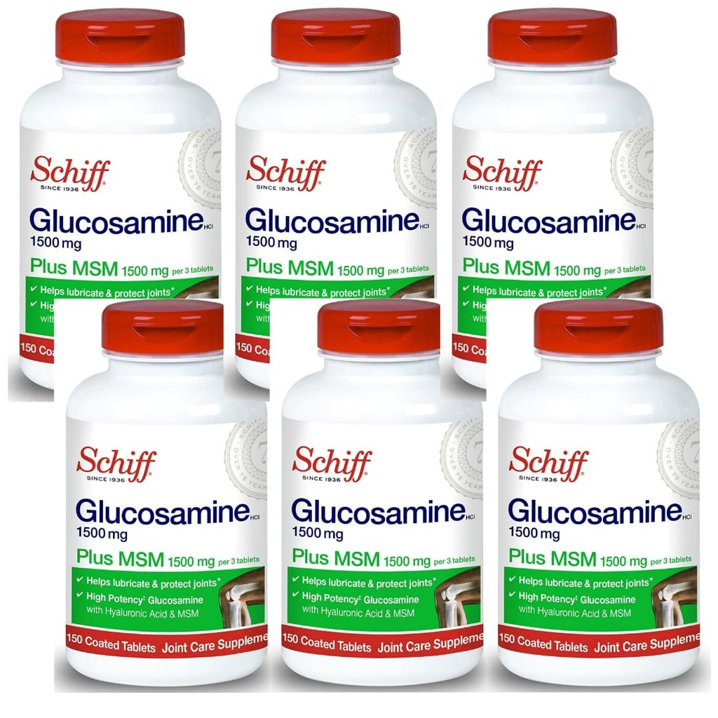 Schiff Glukozamina 1500mg Plus MSM i kwas hialuronowy, 150 tabletek - suplement Joint Supplement (opakowanie zawierające 6 tabletek)