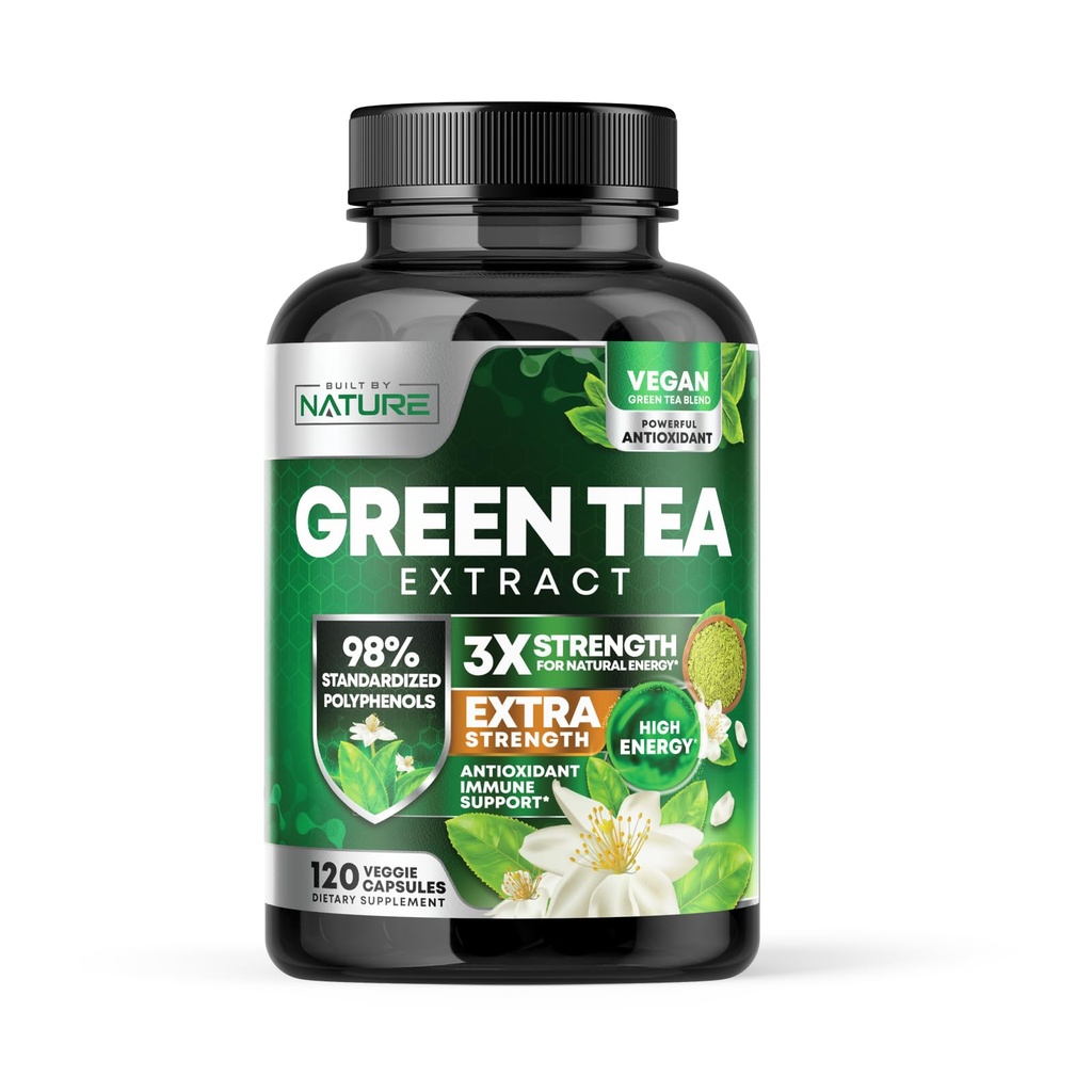 Zbudowany przez Nature Green Tea Extract 1000mg - suplement o wysokiej mocy z 98% Polifenoli, 75% Katechiny i 45% EGCG - Natural Energy Support - Non-GMO - 120 Kapsułki