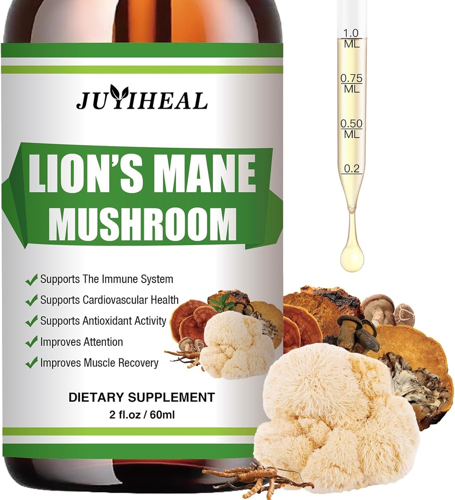 Lions Mane Liquid - Wsparcie mózgu, Energia, Pamięć i Focus - Sugar & Alcohol-Free Lions Mane Supplement - 2 Fl OZ, 2 Month Supply