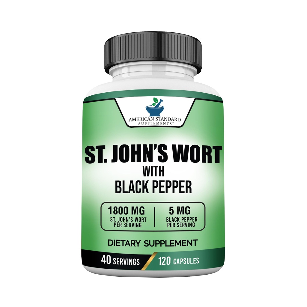 American Standard Supplements St. John 's Wort 1800mg Per Serving with Black Pepper Fruit Extract - Wegan, Gluten Free, Non-GMO, 120 Kapsułki, 40 Służenia