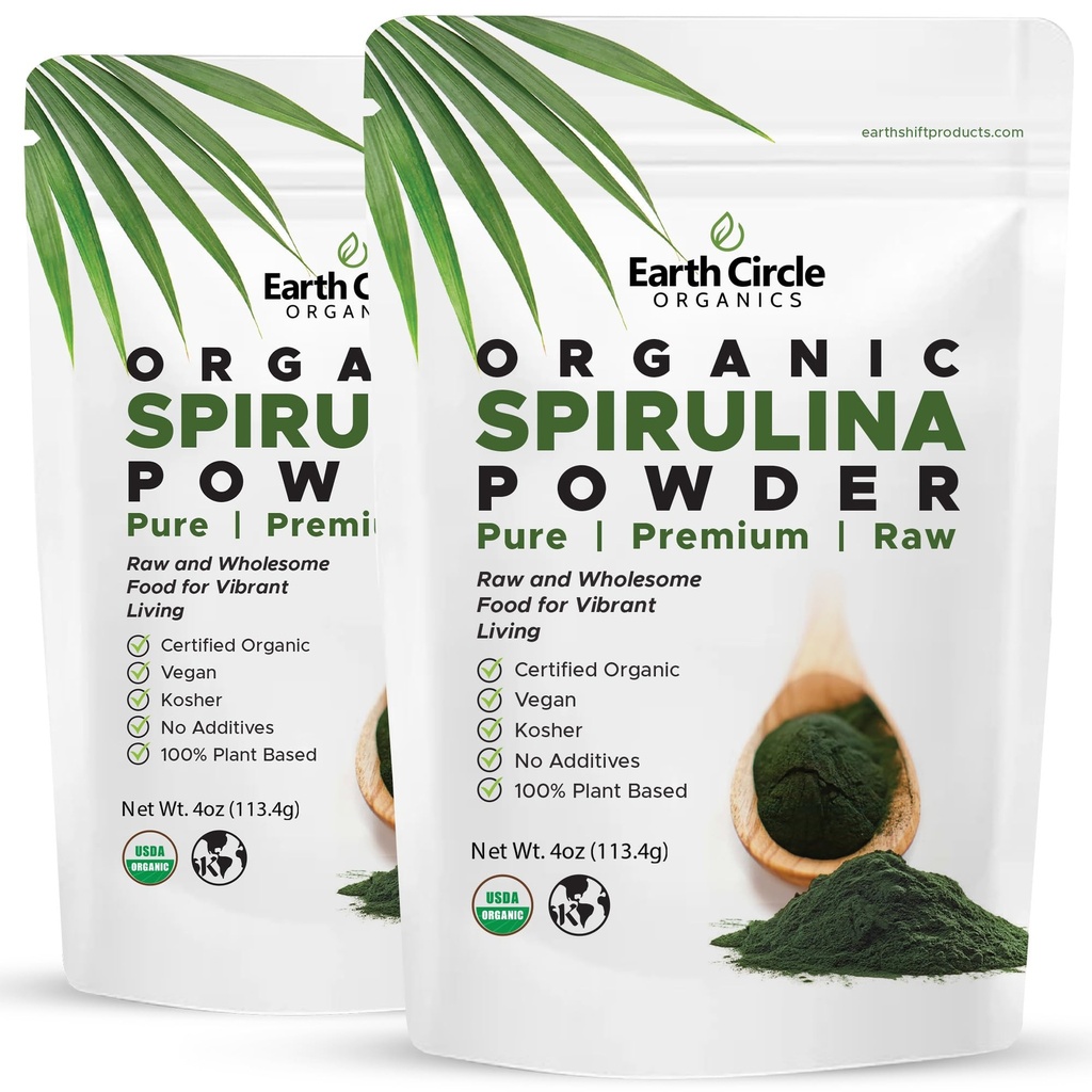 Ziemskie Koło Organiczne Spirulina proszek, Kosher, Surowy i nienapromieniowany 124; Czyste białko wegańskie 124; Premium Superfood, Wysoka w Amino Kwasy i przeciwutleniacze - 4 unce (2 opakowania)