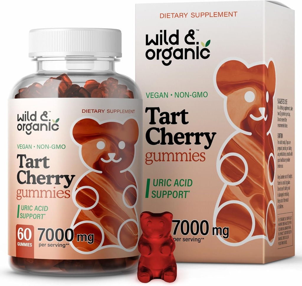 Wild & Organic Tart Cherry Gummies 7000 mg - Tart Cherry Extract Supplement for Moric Level Support - 60 Vegan, Non-GMO Chews