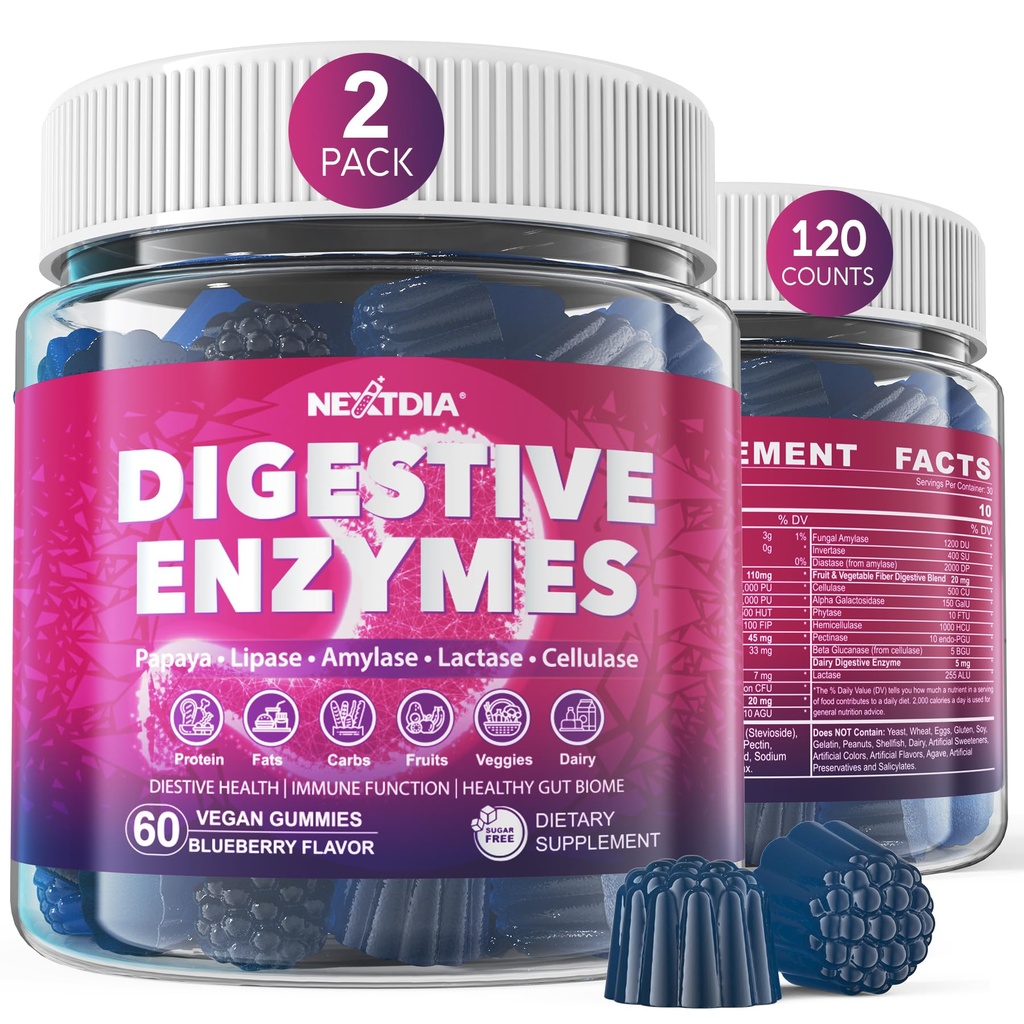 Enzymy pokarmowe dla kobiet i mężczyzn Gummie w / Probiotyki, Papaja, Bromelain, Ginger - Bloating Relief & Gut Health Chewable Supplement Digest Proteins Dairy Carbs Weggies Tłuszcze, Sugar Free Vegan, 120Cts