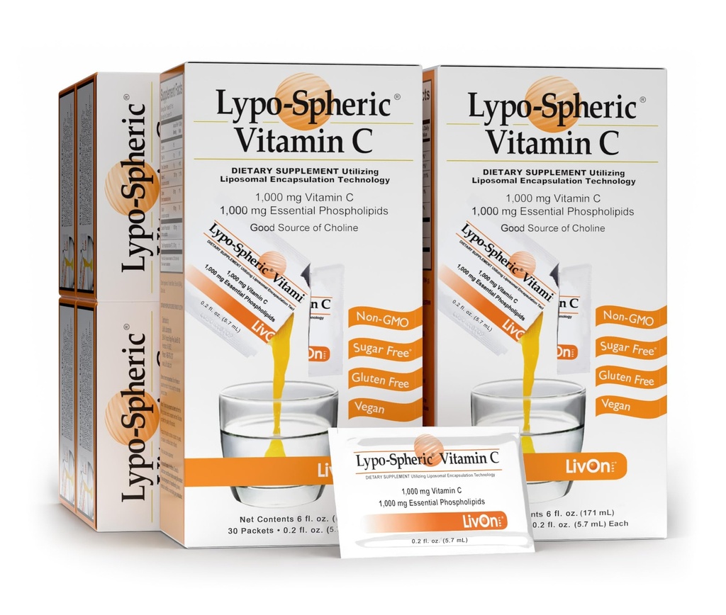 LivOn Laboratories Lypo- Spheric Witamina C - 6 pudełek tekturowych (180 opakowań) - 1000 mg Witamina C i 1000 mg Podstawowe fosfolipidy Per Packet - Liposom Enkapsulated for Improved Absorption - 100% Non-GMO