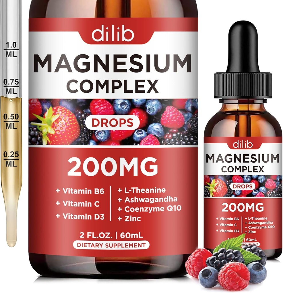 Triple Magnezu Complex Supplement, Magnezu glicynian, treonian, Cytrate Liquid Drops 200mg z Ashwagandha, CoQ10, Witamina B6, C, D, Cynk - Wegan Mix Berry Flavor