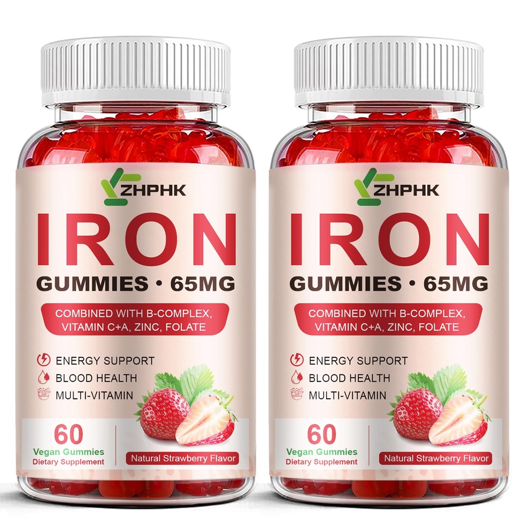 Żelazo Suplement Gummies dla kobiet, mężczyzn i dzieci, 65mg Żelazo i 250 mg Witamina C na Podawanie - Zdrowa krew, Energia i Immune Wsparcie Żelazo Witamina Gummy z folianem, 2 Pack