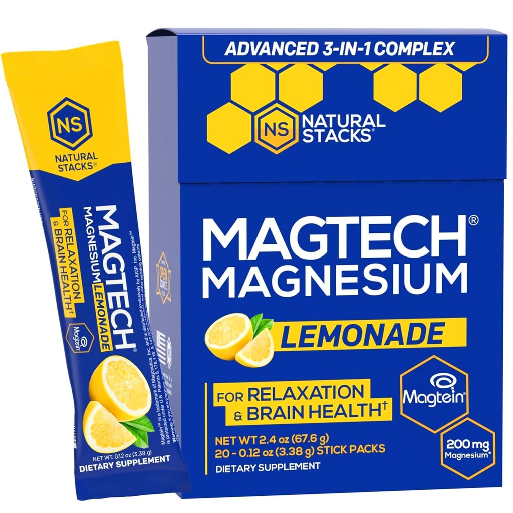 MagTech Magnezu Drink Mix - Bezcukrowa Lemoniada - 3 Formy Magnezu: Magtein L- Threonian, Glycinate & Taurate - 200mg Chelated Magnezu Complex - Wsparcie Relaks & Zdrowie Mózgu - 20 Sługi