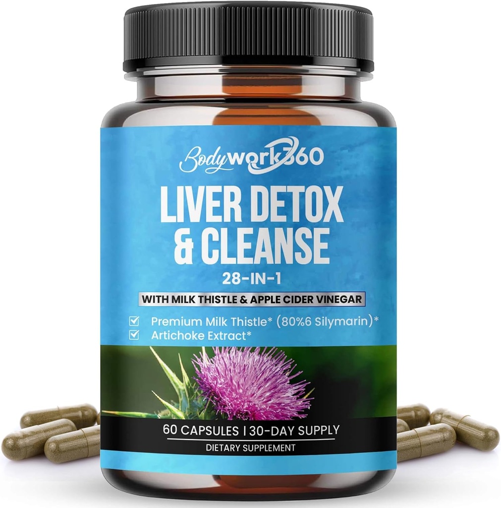 Liver Detox & Cleanse - 28- in-1 Liver Repair & Support Supplement for Men & Women with Milk Tistle, Apple Cider Vinotegar, Dandelion Root Extract & Artiduck Extract - Non-GMO, 60 kapsułki