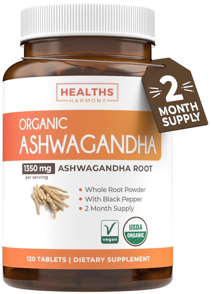 USDA Organic Ashwagandha Suplement - Wysoka potencja Ashwagandha Pigułki wykonane z organicznej czarnej pieprzu do zwiększonej absorpcji - Wegan Non-GMO Made in USA & Lab Verified (2 miesiące dostaw)