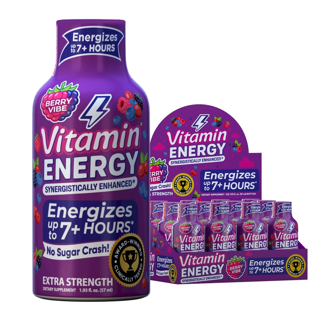 Witamina Energy B12 11 000% Dodatkowa siła Energy Shot Pink Berry 12 Pack, 260mg naturalna kofeina, B12 & B6, Nootropowe Focus, Witalność, Zero Cukier, Gluten- Free, Wegan, Kosher, 1.93 fl oz
