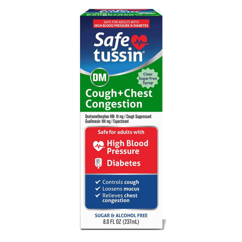 Safetussin DM Kaszel & Zatory w klatce piersiowej, 8 oz, Expectorant Mucus Relief, Syrop Kaszlowy, Bezpieczny dla dorosłych z wysokim ciśnieniem krwi i cukrzyca