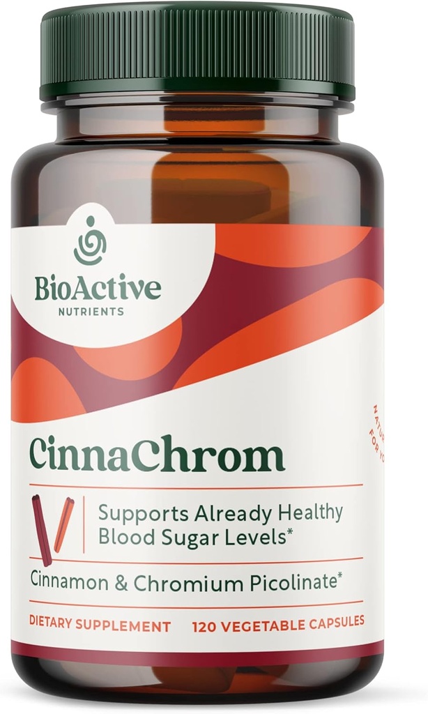 BioActive Nutrigents CinnaChom Dietetyczny Suplement - Pikolinian chromu, Kapsułki cynamonu - Naturalne składniki dla ogólnego zdrowia - Suplement roślinny, Bez glutenu, 120 Kapsułki