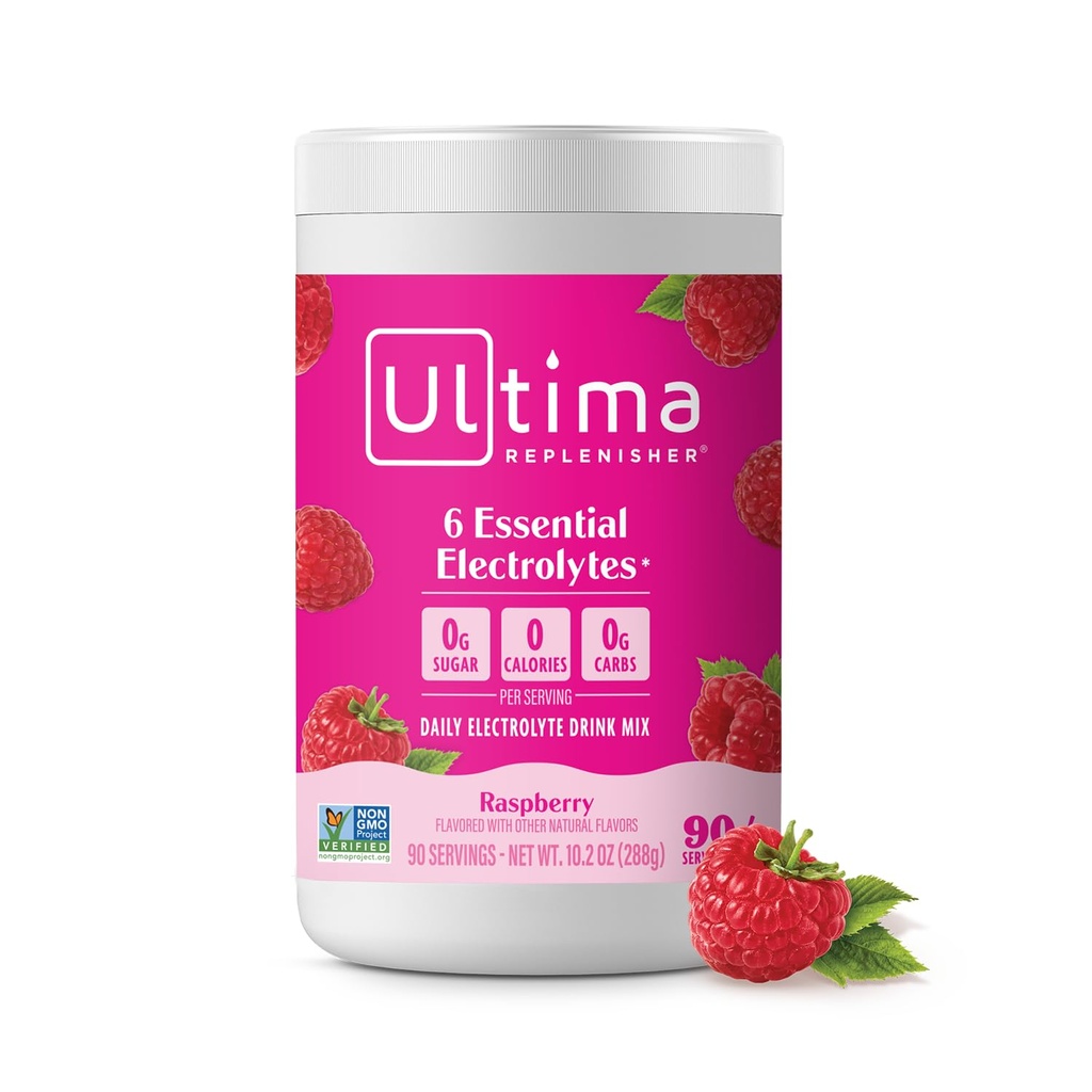 Ultima Replenisher Daily Electrolyte Powder Drink Mix - Cukier wolny - Malina, 90 Słupki - Proszek nawadniający z 6 Kluczowe elektrolity i Minerały śladowe - Keto Friendly, Wegan, Non-GMO