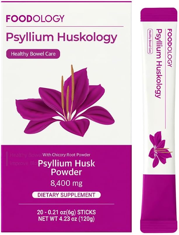 FOODOLOGY Psyllium Huskology (20 Sticks, 10 Days) - Herbal Psyllium Husk Supplement for Conseeds Relief, Gut Health. Plant- based Dietary Fiber, maksymalna moc 7,200mg.