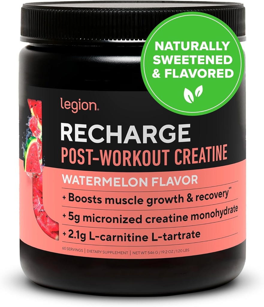 LEGION Athletics Recharge Post Workout Supplement - All Natural Muscle Builder & Recovery Drink with Creatine Monohydrate. Naturally Sweetened & Flavored, Safe & Healthy (Watermelon, 60 Servings)