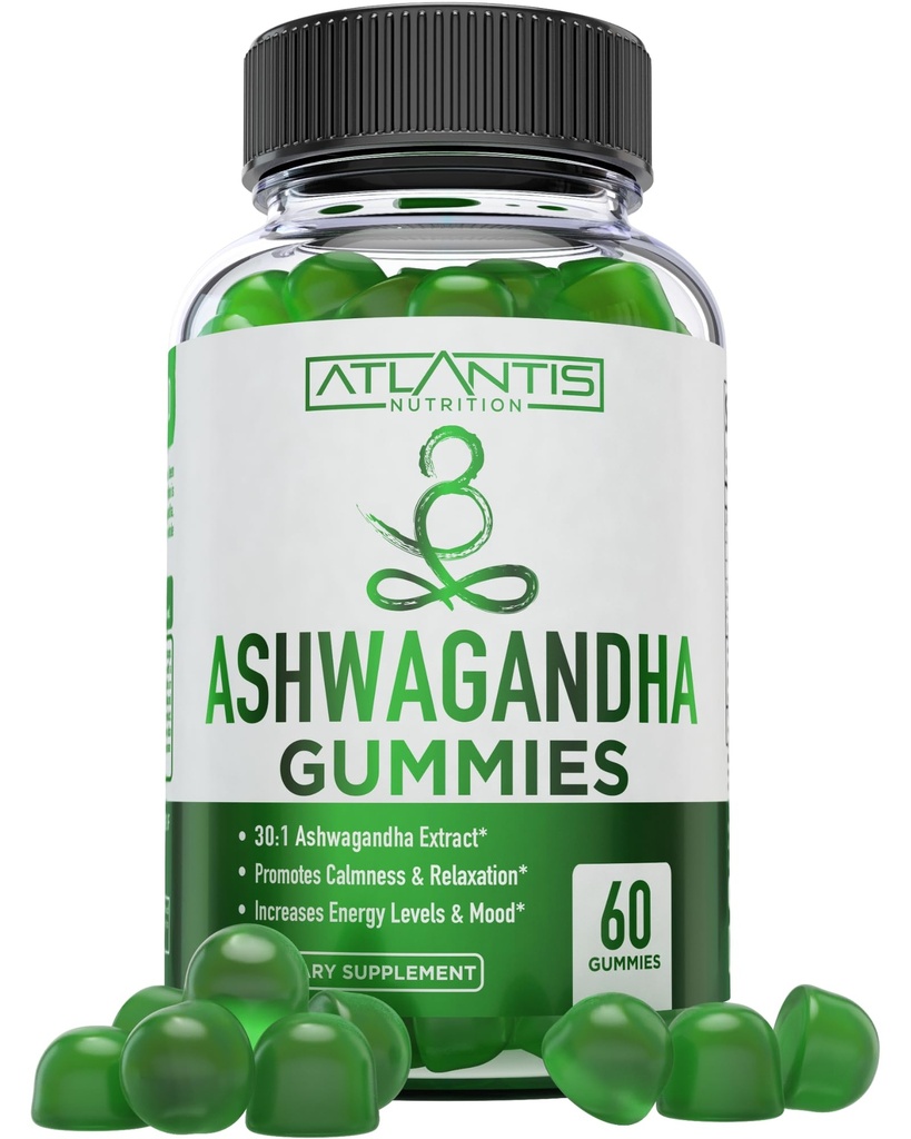 Atlantis Nutrition Ashwagandha Gummies - 1500 MG Per Serving - Promotes Calmness, Poprawia nastrój, zwiększa poziom energii i wzmacnia system immunologiczny - Uformowany z witaminą D & Zinc - Wegan 124; 60