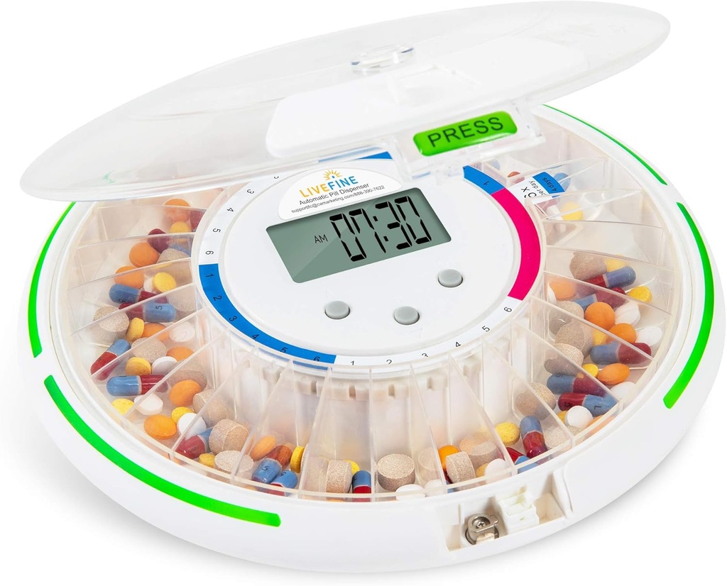 Live Fine Automatic Pill Dispenser z 28- Day Electronic Medication Organizer, 6 Szablony dawkowania, Easy- Przeczytaj LCD Display, Dźwięk i światło Alerty i klucz do wymagań, Witaminy, Suplementy i więcej